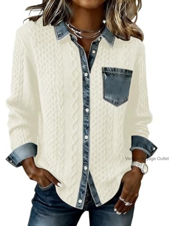 Jackets & Blazers - Women's Cable Knit Shacket Denim Patchwork Casual Jacket